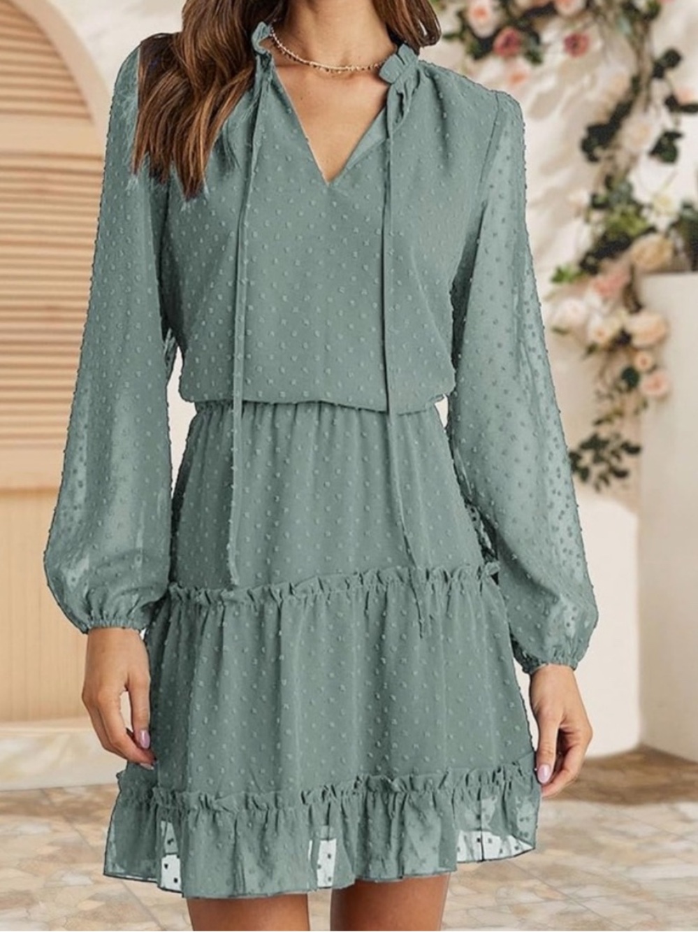 Sage Green Swiss Dot Tie-Neck Ruffle Long Sleeve Dress — Women